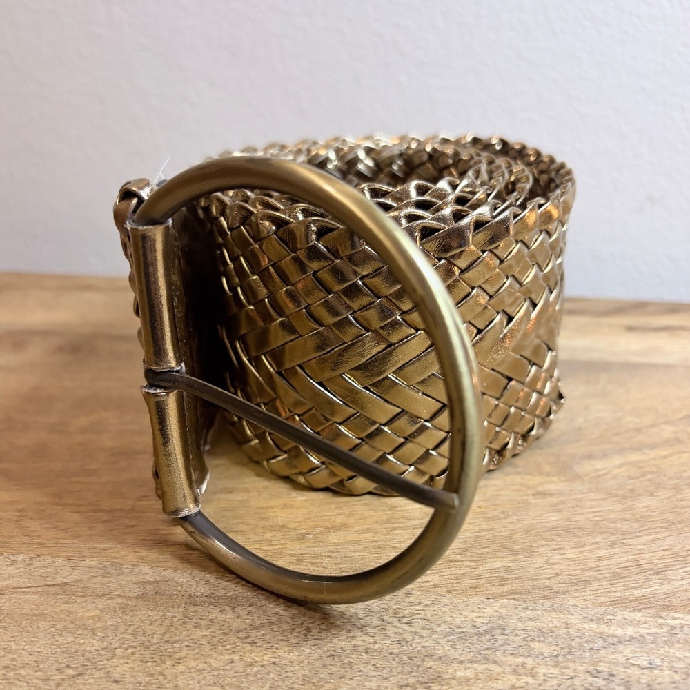 Boho Gold Metallic Woven Wide Belt Faux Leather Round Brass Buckle 46in